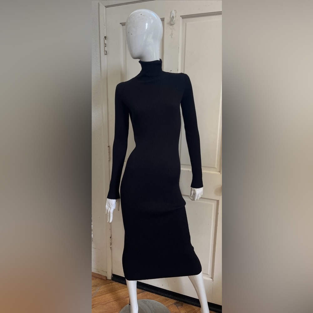 ZARA KNIT NEW! Black Ribbed Viscose Knit Turtleneck Midi Bodycon Sweater Dress M